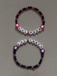 2pcs Sweet & Cool Fashionable Metal & Acrylic Multi-Color Star & Carved Beads Bracelet, Unisex Couple Gift, Daily Wear - Nhiều màu - Xem 2