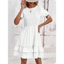 BZB Womens Summer Casual Ruffle Mini Dress Short Sleeve Cute Babydoll Smocked Short Dresses - White - View 3