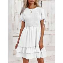 BZB Womens Summer Casual Ruffle Mini Dress Short Sleeve Cute Babydoll Smocked Short Dresses - White - View 2
