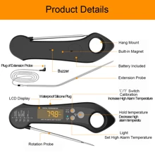 Un thermomètre à viande imperméable, multifonctionnel, pliable et manuel avec des lectures rapides en 2 à 3 secondes, une détection de température précise, fabriqué en matériau ABS, avec une sonde en métal en acier inoxydable et un bouton de commande en silicone. Il dispose d'un écran rétroéclairé, d'un aimant à l'arrière pour un rangement facile sur les réfrigérateurs, d'une fonction étanche, d'une température d'alarme réglable, d'une fonction d'alarme sonore et d'une sonde externe avec un cordon d'extension. La température peut être calibrée. Compact et léger, la sonde pliable assure un rangement sûr et sécurisé. Il est également livré avec un design suspendu.