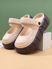 Women's Spring/Summer Beige Two-Tone Wedge Sandals, Soft-Bottomed Closed-Toe Slip-Ons For Outdoor Beach Or Mary Jane Style - Khaki - View 3