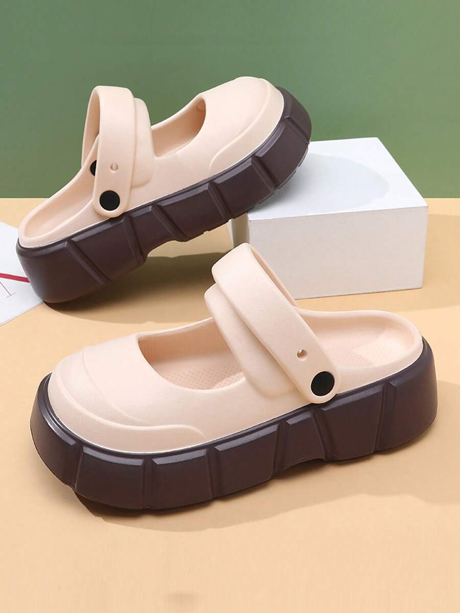 Women's Spring/Summer Beige Two-Tone Wedge Sandals, Soft-Bottomed Closed-Toe Slip-Ons For Outdoor Beach Or Mary Jane Style - Khaki - View 1