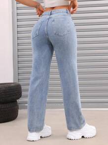 Calça Jeans com Perna Reta e Boca Larga com Estampa Floral Desgastada para Mulheres - Lavagem Média - Ver 5
