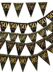 12 面旗帜 50/60/70/80 岁生日派对装饰三角旗横幅，黑金色 50/60/70/80 岁横幅三角旗派对配件适用于 50/60/70/80 岁生日婚礼周年派对装饰用品、圣诞节 - 彩色 - 查看 3