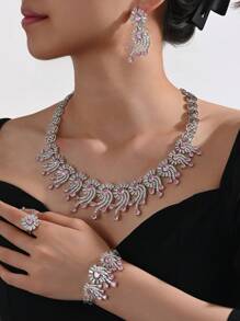 1 Set Luxury Green And Pink Zirconia Copper Silver Plated Necklace, Bracelet, Earrings, Ring Jewelry Set, Elegant Bridal Wedding Accessories, High-End Jewelry Gift Set For Valentine's Day