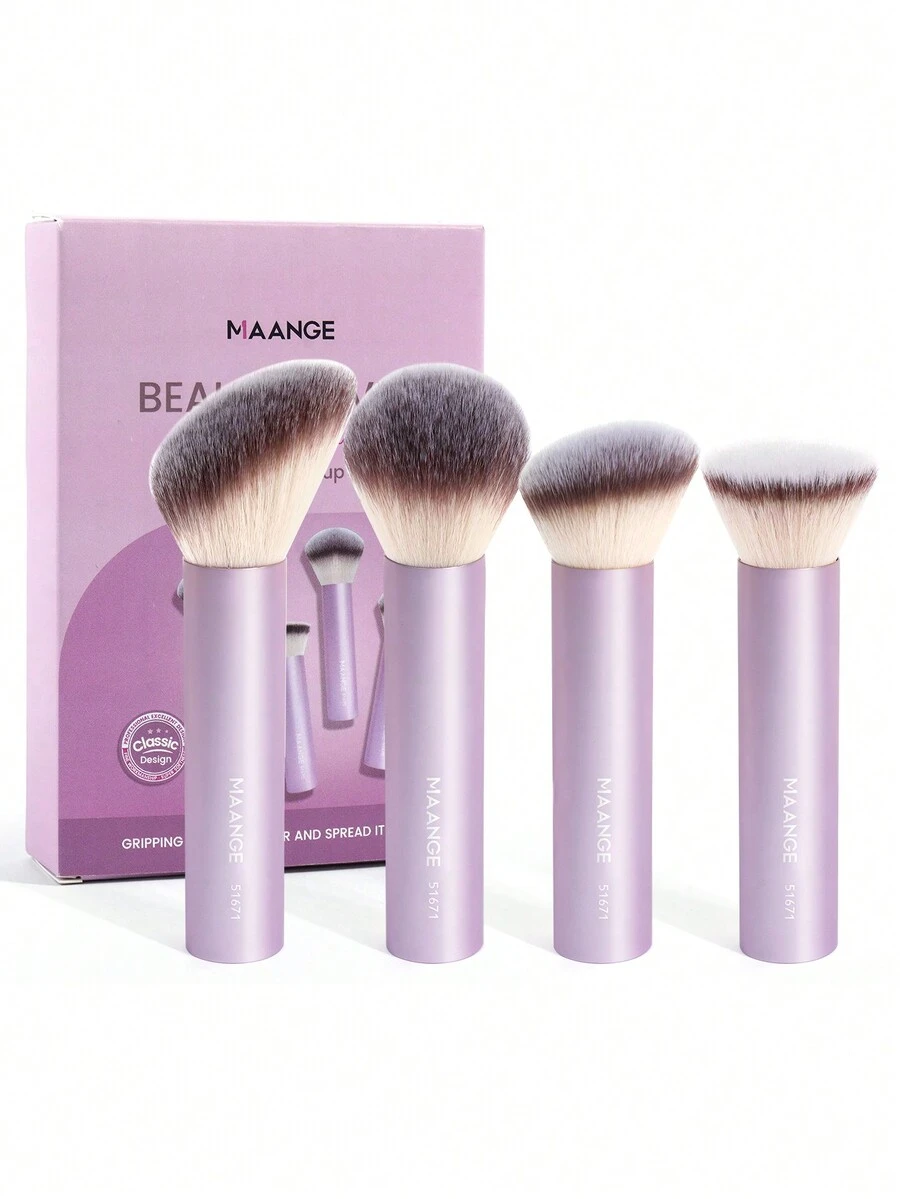 Bộ cọ trang điểm mặt chuyên nghiệp MAANGE 4 chiếc, cọ đánh nền, cọ đánh phấn, cọ đánh phấn má hồng, cọ hoàn thiện, dụng cụ trang điểm bằng sợi mềm cho kem lỏng, cọ trang điểm màu hồng để trang điểm hàng ngày trên mặt