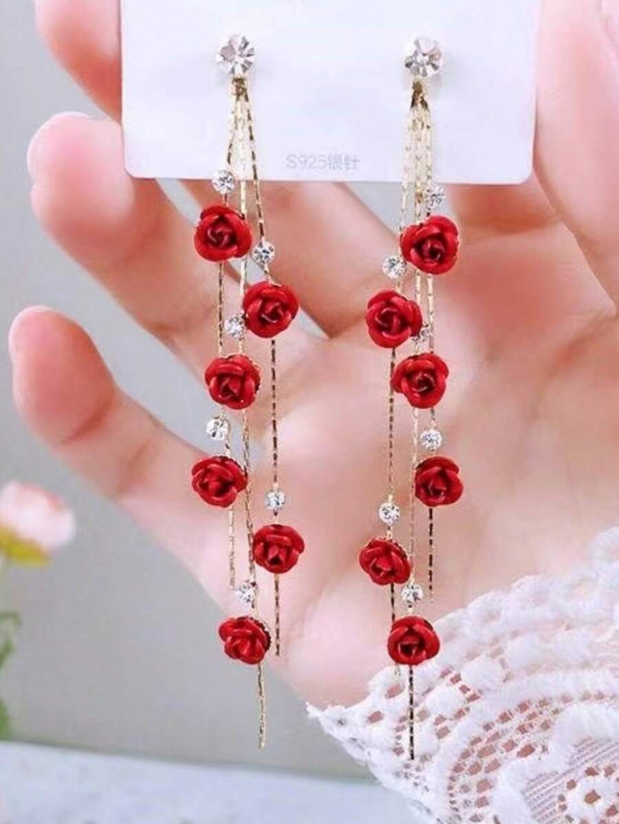 Hoa tai hoa hồng đỏ phong cách Hàn Quốc hoa tai tua rua cánh hoa thanh lịch, trang sức tai thon gọn mặt tiên, đinh tán kim bạc Valentine, mẹ, mẹ, ngày của mẹ, quà tặng - Đỏ - Xem 1