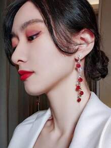 Hoa tai hoa hồng đỏ phong cách Hàn Quốc hoa tai tua rua cánh hoa thanh lịch, trang sức tai thon gọn mặt tiên, đinh tán kim bạc Valentine, mẹ, mẹ, ngày của mẹ, quà tặng - Đỏ - Xem 2