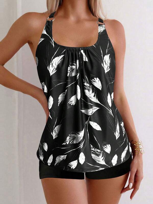 2pcs Leaf Print Round Ring Strap Tankini Top And Swim Bottoms Sports Tankini Set Summer