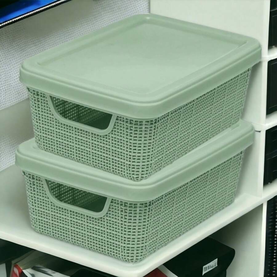 Kit Of 2 Organizer Boxes With Lid 1.8 Liters Utilities Durable Plastic Stackable Exclusive Texture Multipurpose - Green - View 1