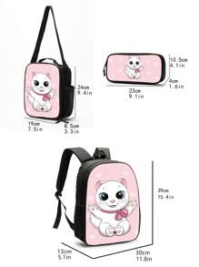 13.8inch/35cm 3pcs/Set Kids Backpack Lunch Bag Pencil Case Set, Suitable For Travel, School, Daily Use Cartoon Backpack With Padded Back And Adjustable Shoulder Straps, Fashionable, Durable, Practical (Cat Pattern) - Pink - View 8