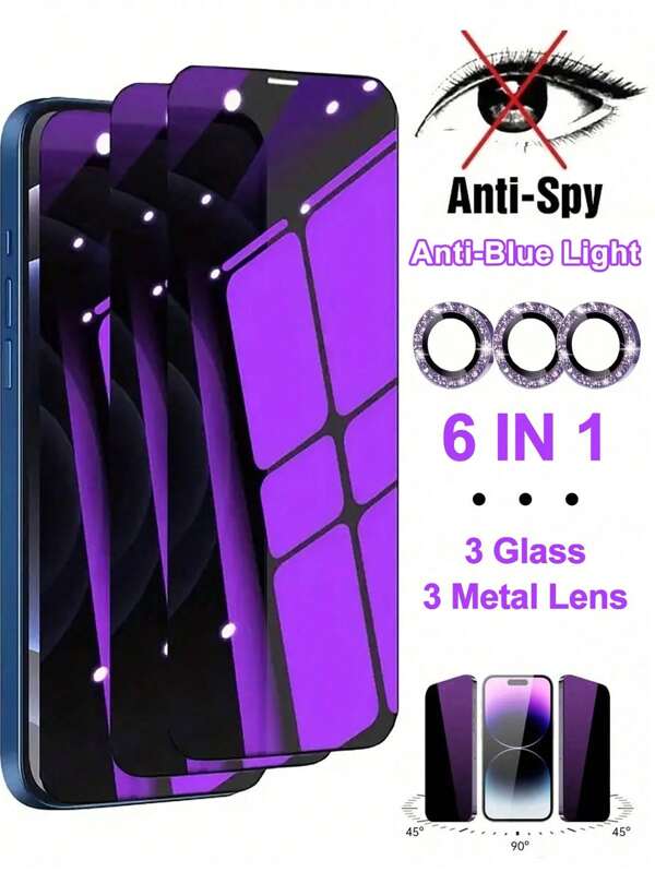 [6 IN 1] 3 Pcs Purple Screen Glass + 3 Pcs Metal Lens Anti-Blue Light Privacy Screen Protector Compatible With IPhone Compatible With IPhone 16/16 Plus/16 Pro/16 Pro Max/15/15Pro/15 Plus/15 Pro Max/14/13/12/11 Gift For Birthday, Family, Friends Tempered Glass, Anti-Spy, Phone Screen Protector, Phone Accessories