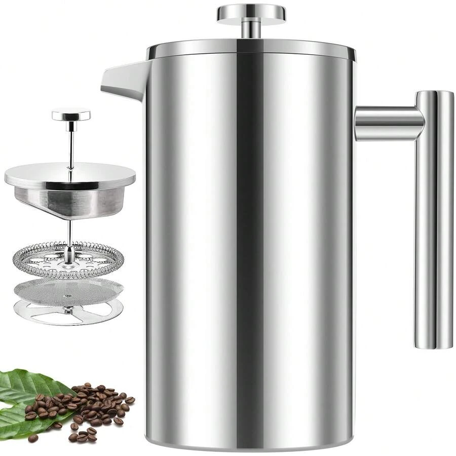 Máy pha cà phê kiểu Pháp Máy ép cà phê bằng thép không gỉ có vách đôi 34oz với bộ lọc 3 lớp Máy ép cà phê cách nhiệt Máy ép cà phê 8 cốc Máy ép cà phê kiểu Pháp di động Máy pha trà Máy pha cà phê cho đồ dùng học tập tại nhà - Bạc - Xem 1