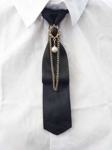 1pc Black Polyester Bow Tie & Faux Pearl Inlaid Decor & Metal Chain Adjustable Neck Strap Design For Women, Suitable For Parties, Ceremonies, And Daily Wear  Accessories Women - Black - View 10