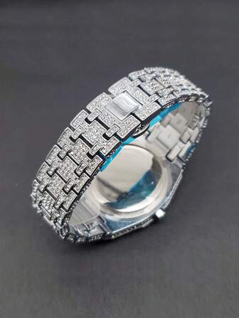 MISSFOX Heren platina-geplateerd party hiphop strass horloge met kalender, top fashion Iced Out horloge