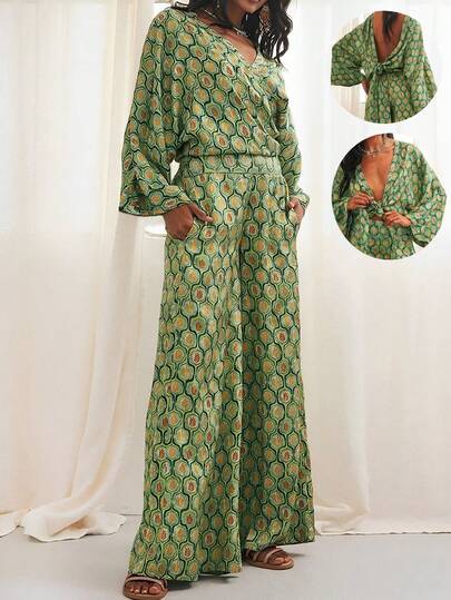 Women's Long Sleeve Long Pants Printed Multi-Wear Two-Piece Set