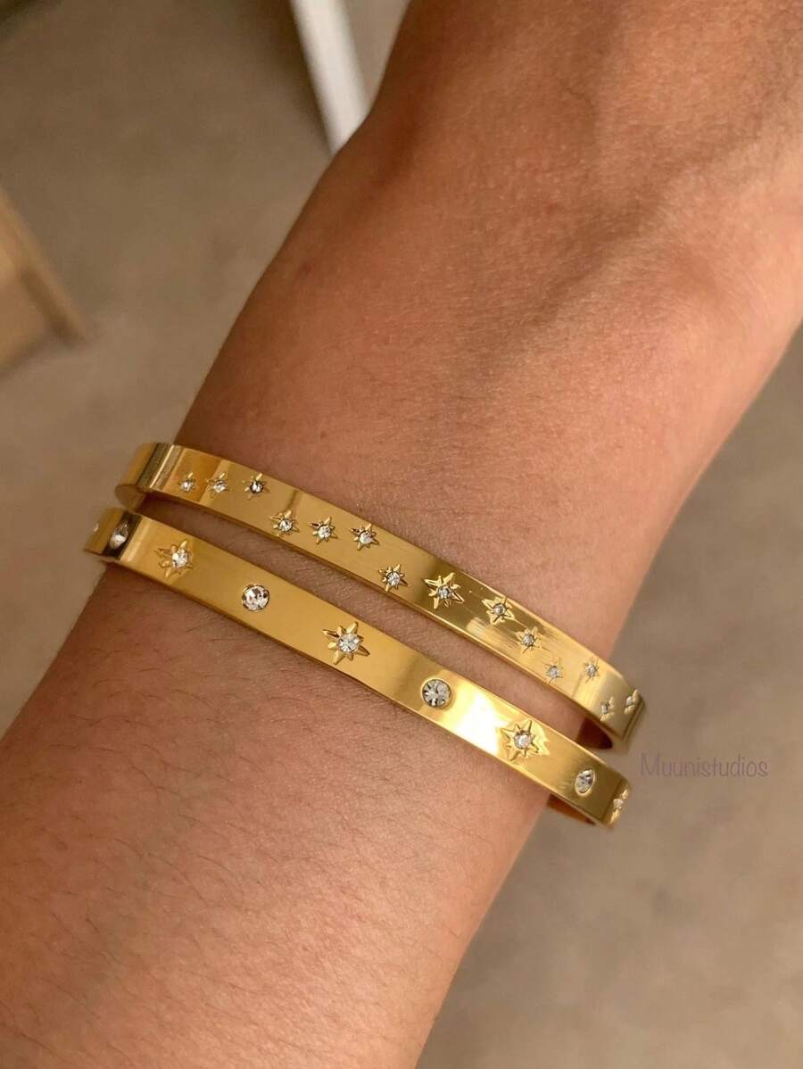 1只18K黃金天文手環金手鐲|鍍金手鐲|太陽星星雕刻手鐲|經典疊搭手鐲 - 金黃色 - 查看 1