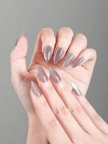 24 sztuki Jednokolorowe paznokcie typu kocie oko Prosty styl Sztuczne paznokcie, paznokcie akrylowe z pełnym pokryciem Odpowiednie do codziennego noszenia przez kobiety i dziewczęta - Szary - Zobacz 1