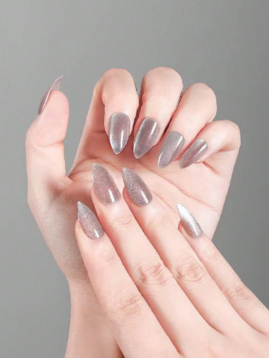 24 sztuki Jednokolorowe paznokcie typu kocie oko Prosty styl Sztuczne paznokcie, paznokcie akrylowe z pełnym pokryciem Odpowiednie do codziennego noszenia przez kobiety i dziewczęta - Szary - Zobacz 1