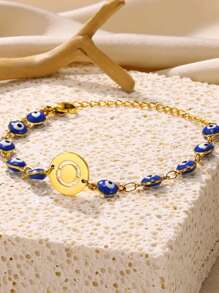 1PC Lucky Blue Evil Eye Letters Bracelets For Women Girl Gold Color Stainless Steel Hollow Initials Round Bracelet Women Amulet Aesthetic Jewelry Gift