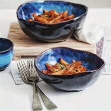 1pc Or 3pcs Klin Blue Color Japanese Ceramic Bowl, Deep Irregular Noodle Ramen Bowl Creative Tableware For Home Or Restaurant
