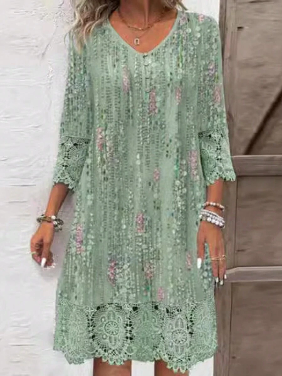 Plus Size Women's Vintage Floral Print V-Neck Hollow Out Midi Dress With Short Sleeves For Holiday And Casual Streetwear - Green - View 1