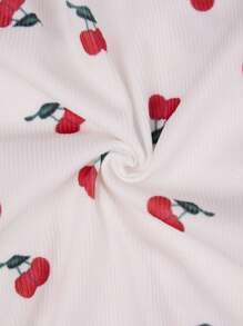 1set Women's Cute And Cozy Digital Cherry Printed Pajama Set With Shorts White Set
