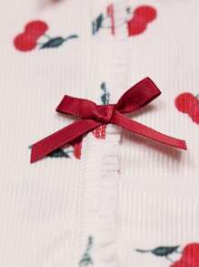 1set Women's Cute And Cozy Digital Cherry Printed Pajama Set With Shorts White Set