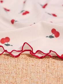 1set Women's Cute And Cozy Digital Cherry Printed Pajama Set With Shorts White Set