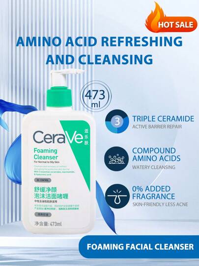 CeraVe Limpiador facial hidratante, 473ml, para piel normal a grasa, elimina el aceite y mantiene la barrera cutánea con 3 ceramidas esenciales, niacinamida y ácido hialurónico