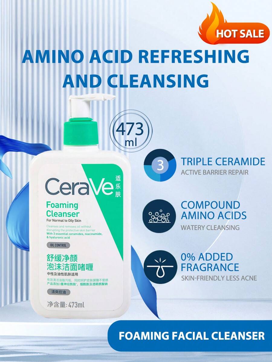 CeraVe 保湿洁面乳，473 毫升，适合中性至油性皮肤，去除油脂并保持皮肤屏障，含有 3 种必需的神经酰胺、烟酰胺和透明质酸 - 473ml - 查看 1