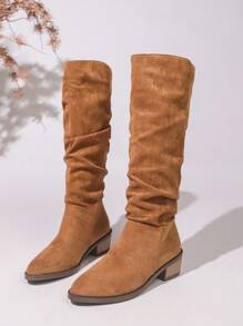 Women's Fashionable Knee-High Radial Topline Western Knight Boots With Chunky Heel And Pointed Toe