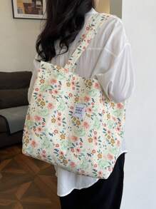 Cherry Print Simple Bucket Large Shoulder Tote Bag, Student Girl Shoulder School Bag, Heart Print Sweet Bag, Corduroy Tote Bag, Fashion All Season - Green - View 2