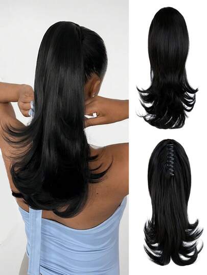 Ponytail Extension Claw Clip In Hairpiece For Women Natural Straight Synthetic Hair Pony Tails High-Resistant Fiber Hair For Girls BLACK