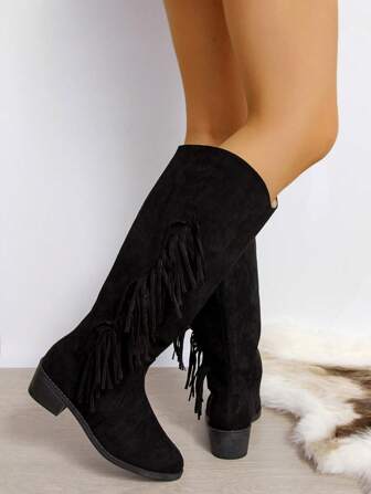 Botas occidentales con flecos en corte en V para mujeres, botas de montar hasta la rodilla con tacón grueso y punta puntiaguda