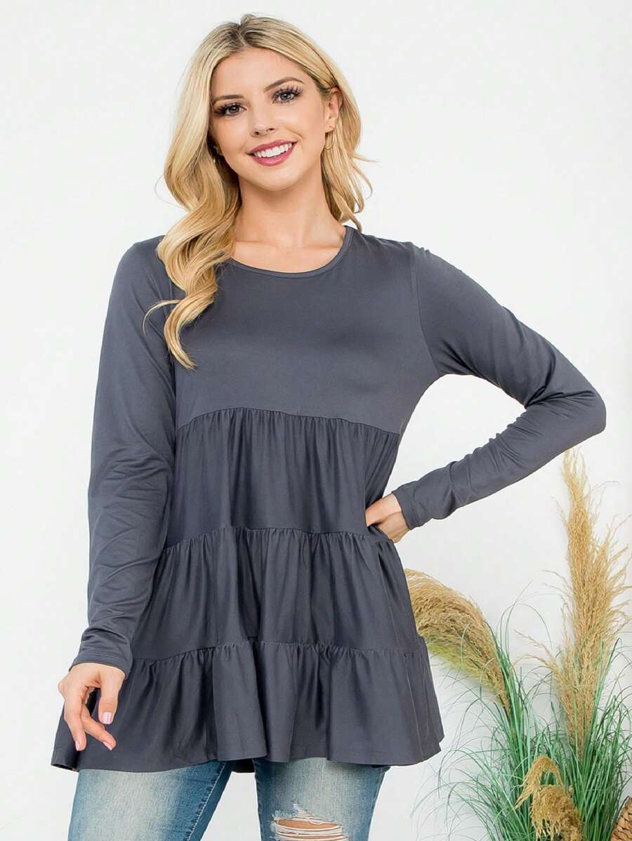 Solid Long Sleeve Tiered Top - GREY DARK - View 1