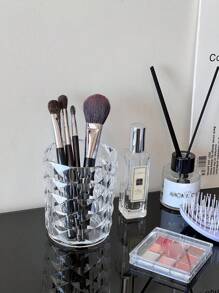 1pc/2pcs Transparent Makeup Brush Holder Storage Box, Elegant Diamond Pattern Water Cup Bathroom Toothbrush & Toothpaste Organizer,For Holiday Beach, Bathroom Collection, Bedroom Collection, Large Capacity