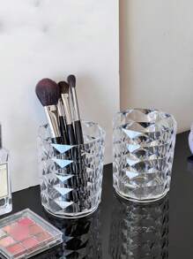 1pc/2pcs Transparent Makeup Brush Holder Storage Box, Elegant Diamond Pattern Water Cup Bathroom Toothbrush & Toothpaste Organizer,For Holiday Beach, Bathroom Collection, Bedroom Collection, Large Capacity