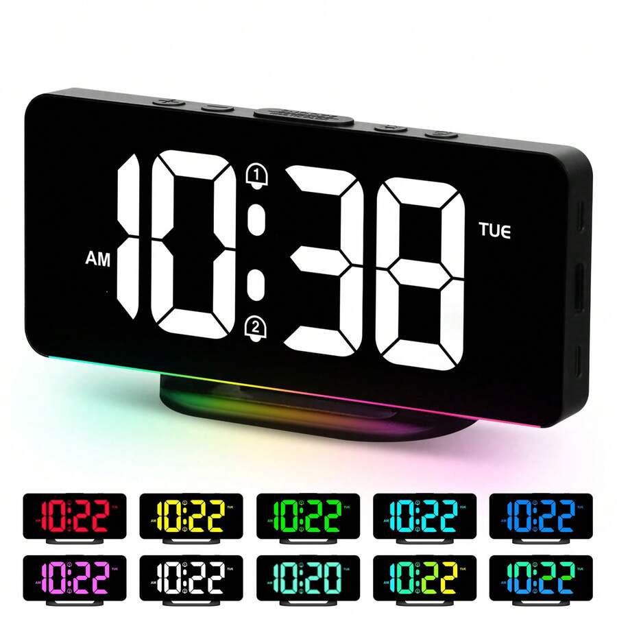 1pc Digital Alarm Clock For Bedroom With Colorful Dynamic RGB Night Light/Color Adjustable,7" Nightstand Clock With USB-C Charger Port,LED Large Display Clock For Teens.(White-Black) - Multicolor - View 1