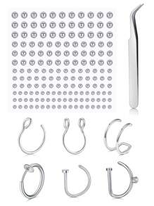 CIZME 8入組假耳洞、假鼻環、假鼻釘、假中隔、假唇環、貼面寶石、假眉環、假唇釘、夾式假鼻環 - 銀色 - 查看 14