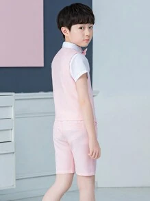 年轻男童新款夏季儿童活动表演服婚礼花童绅士西装三件套背心+短裤+领结 - 粉色 - 查看 5