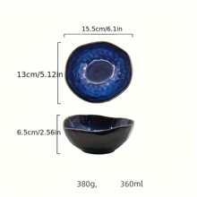 1pc Or 3pcs Klin Blue Color Japanese Ceramic Bowl, Deep Irregular Noodle Ramen Bowl Creative Tableware For Home Or Restaurant