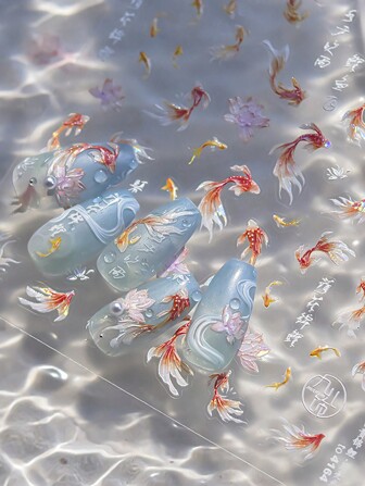 5D Rich Koi Nail Art Stickers Shell Light Lotus Fish Design Japanese Nail Decals Self-Adhesive Flowers Stickers Nail Art Decorations