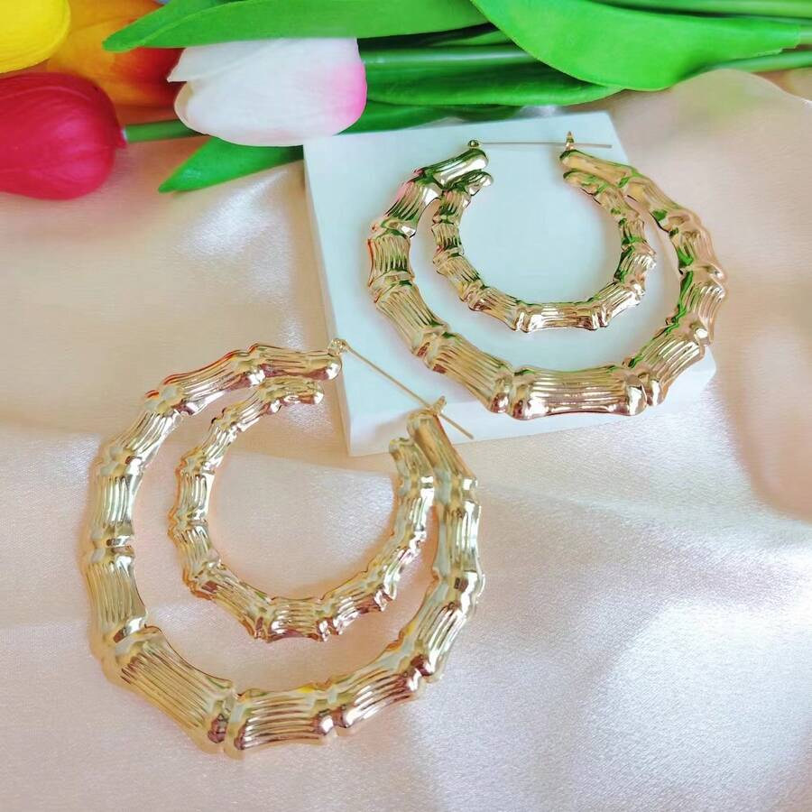 Exaggerated Gold Large Hoop Street Dance Earrings, Bamboo Rattan Earrings - Gold - View 1