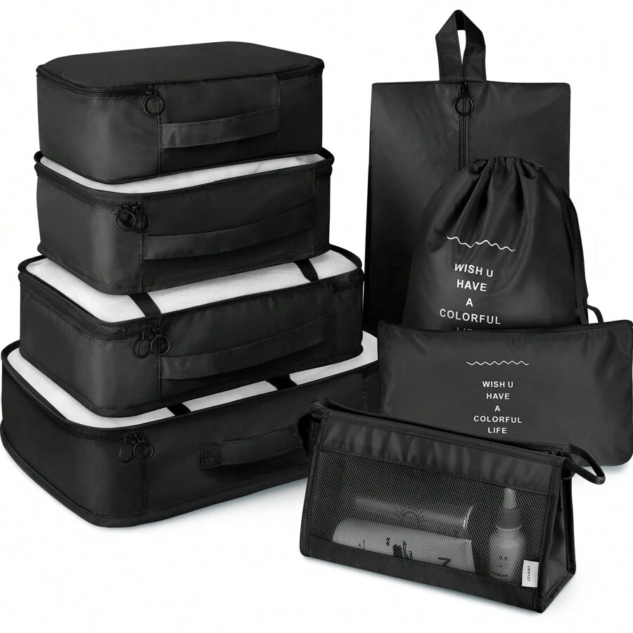 8pcs Travel Packing Cubes Set,Travel Portable Clothes Storage Bags, Compression Storage Shoe Bag, Clothing Underwear Bag, Luggage Packing Organizers,Pack Your Luggage With Ease ,Travel Essential Accessories - 黑色 - 查看 1