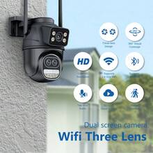 1入組1200萬像素戶外WiFi攝像頭，三鏡頭雙屏幕8倍變焦，CCTV迷你攝像頭ICsee帶有人臉識別、自動跟蹤、安全防護、監視功能，防水，兼容NVR和ONVIF - 查看 2