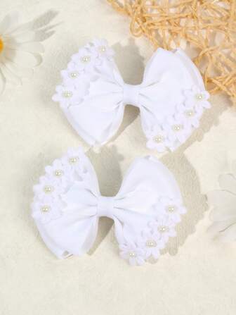 2入組可愛白色雏菊花夾帶蝴蝶結，適用於兒童