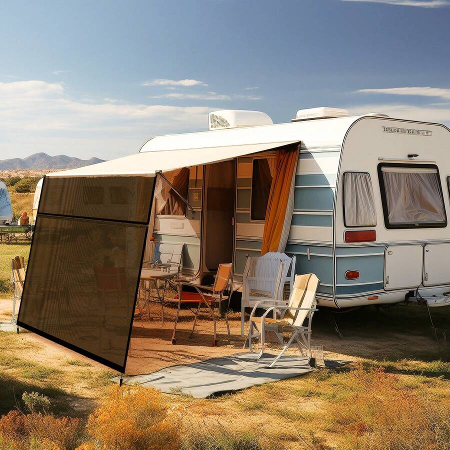 RV Awning Shade Screen With Zipper 12' X 8' Black Mesh UV Blocker Sun
