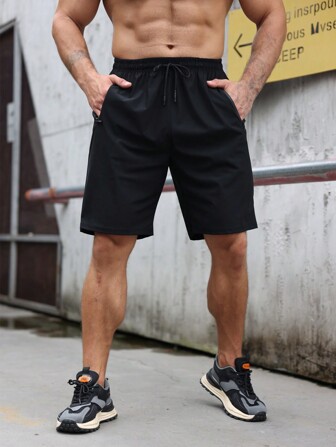 Summer Workout 1pc/Men Plus Solid Drawstring Waist Shorts Sweat Plain Black Size Jogger Shorts
