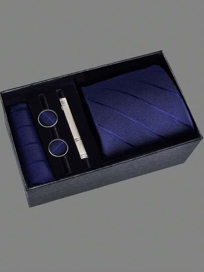 1pc Men Solid Casual Tie & 1pair Cufflinks & 1pc Tie Clip & 1pc Pocket Square For Gift